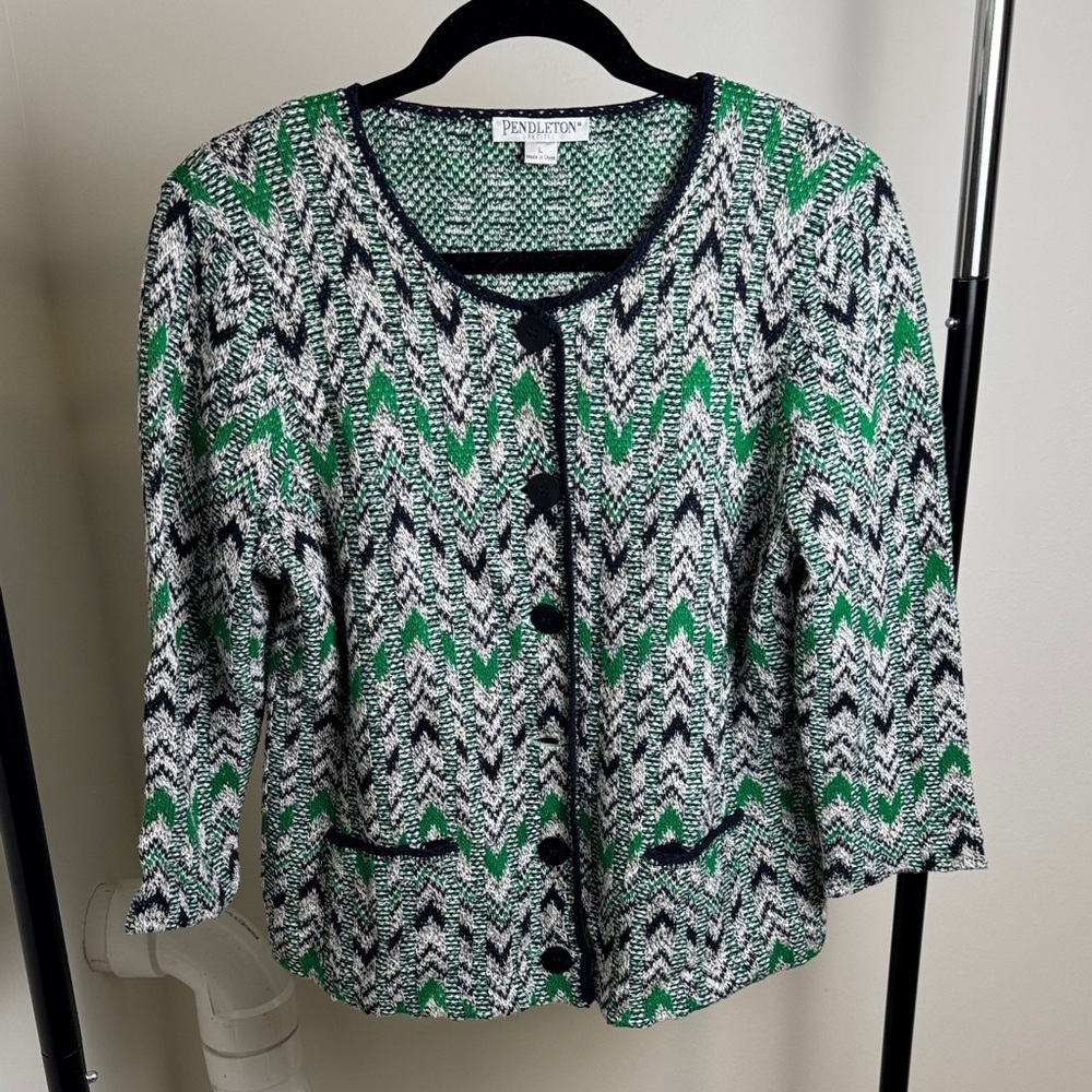 Women's Pendleton Petites Chevron Knit Silk Blend Blue & Green Cardigan Sweater